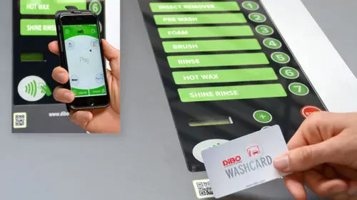 Easy to use contactless payment system with mobile phone or wash card at the operating totem of a DiBO Self-carwash
