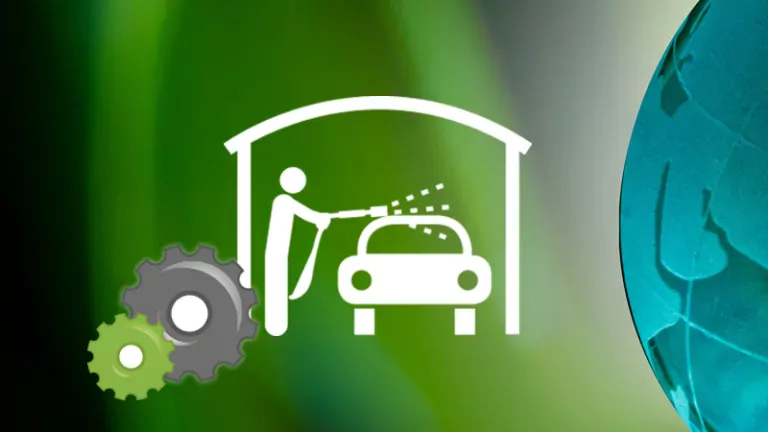 Graphic illustration showing person washing a car in a self-carwash box. The gears visualise the DiBO customised carwash systems