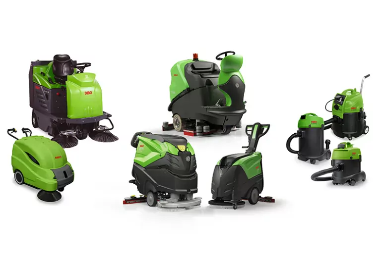 Collection of grey-green sweeping and scrubbing machines. Push and seat models in various sizes. A hoover, wet/dry vacuum cleaner and water extractor